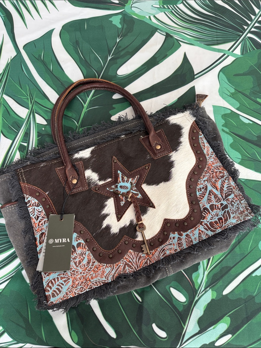 Myra Bag Turquoise & Brown Tooled Leather Star Shoulder Tote